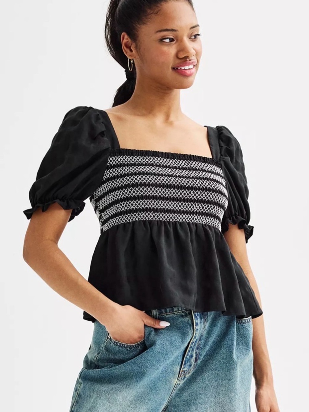 Dizzy Lizzy Black Smocked Puff Sleeve‎ Peplum Top Square Neck Blouse Small